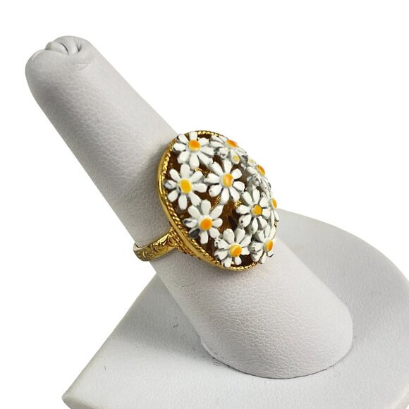 Vintage Daisy Flower Adjustable Ring Enamel Gold Tone Filigree Oval Statement - Picture 3 of 10